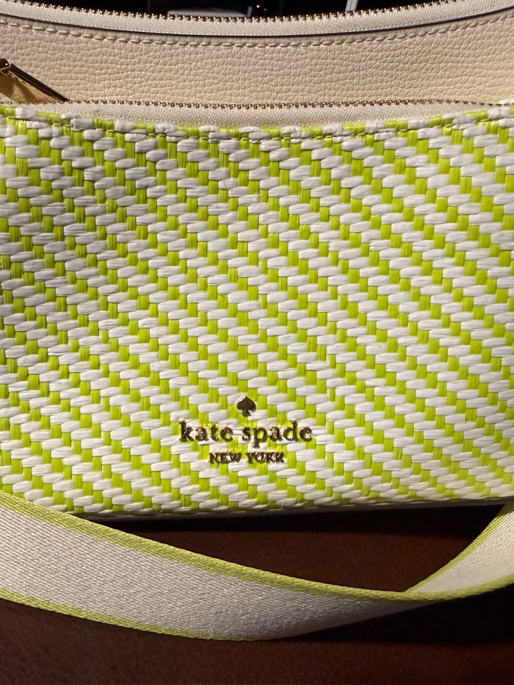 kate spade woven lime & white crossbody with gold logo